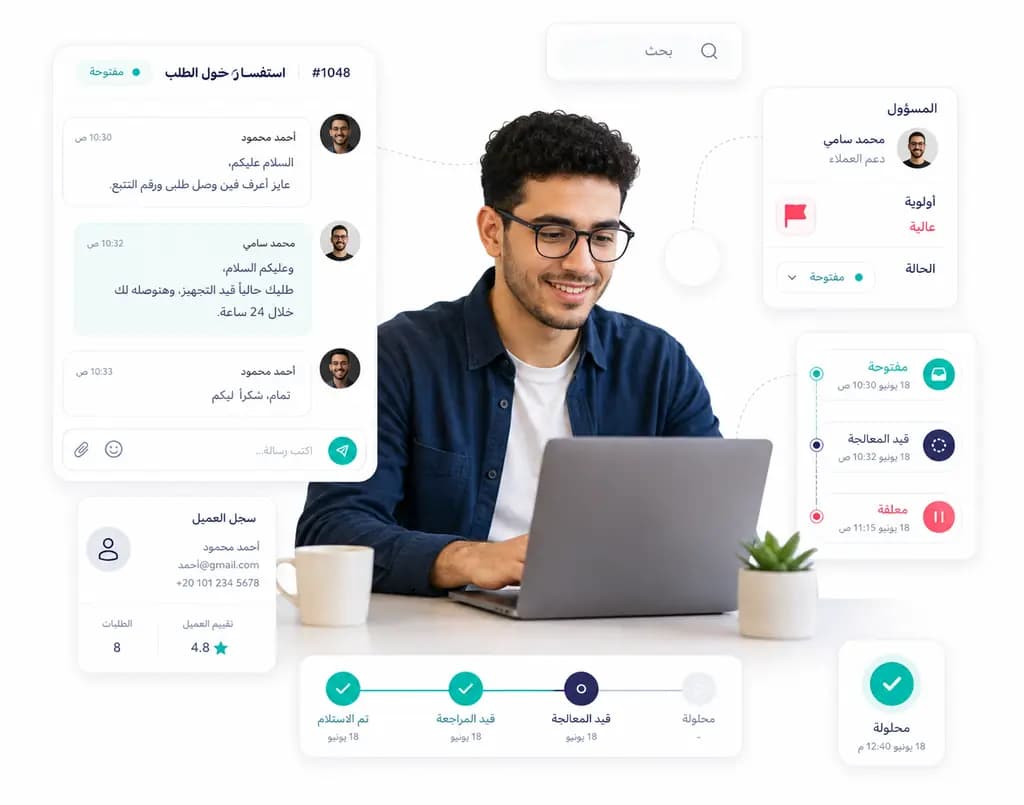 Conversation ticket details and internal notes inside Taloo: Status timeline